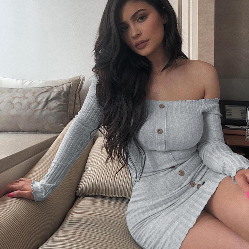 

Casual Dresses Summer Dress Kylie Jenner Gray Sheath Off shoulder Long Sleeve Mini Club Party Jurken Vintage Bodycorn