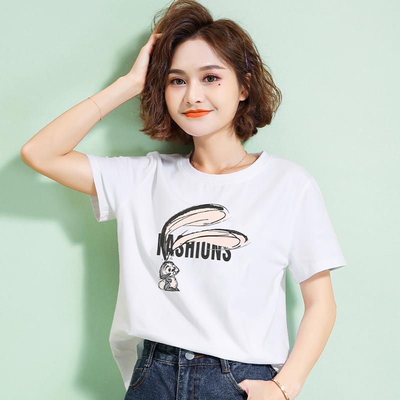 

Women's T-Shirt 2021 Arrival Summer Women Loose Casual Short Sleeve O-neck T Shirt All-matched White Print Cotton B188