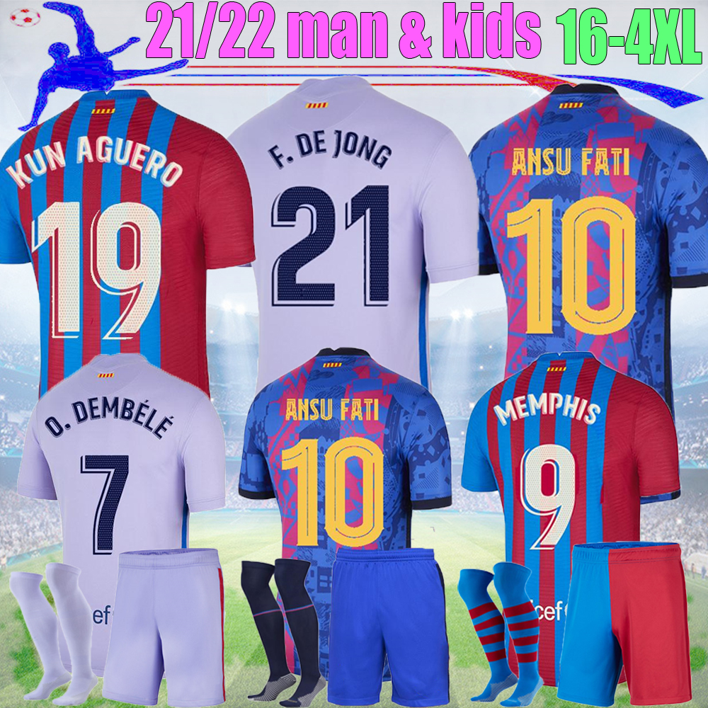 

21 22 ANSU FATI soccer jersey MEMPHIS COUTINHO KUN AGUERO PEDRI home away 3RD Kids Fans KIT men shirt 2021 2022 Barcelona F.DE JONG football uniform 16-4XL, 21/22 away kids kit