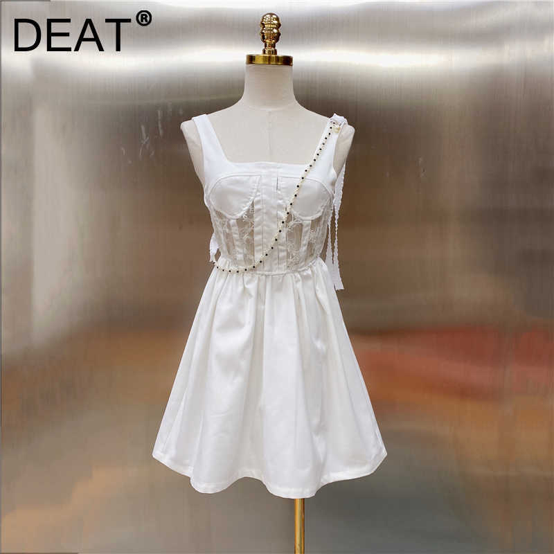 

DEAT Women Lace Hollow Out Dress Slash Neck Sleeveless Arrivals Lady Sexy Temperament Fashion Spring Summer 11D1006 210709, White