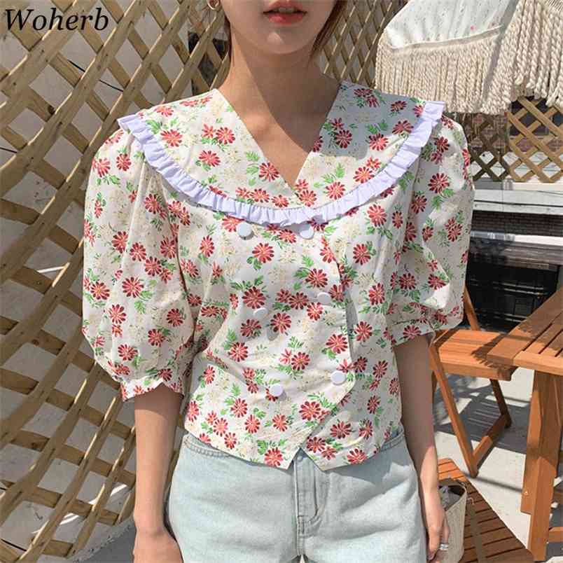 

Korean Chic Women Shirt Tops Summer Short Sleeve Turn-down Collar Floral Blouses Office Ladies Stylish Blusas 210519, As photo