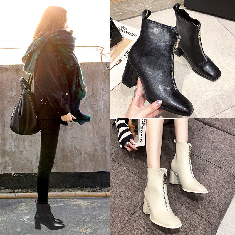 

2021 Motorcycle Chelsea zipper leather boots British style 7cm High-heeled ankle boot white black thick soles for women's heighten sweet cool ankle-boots heel, Black with leather lining