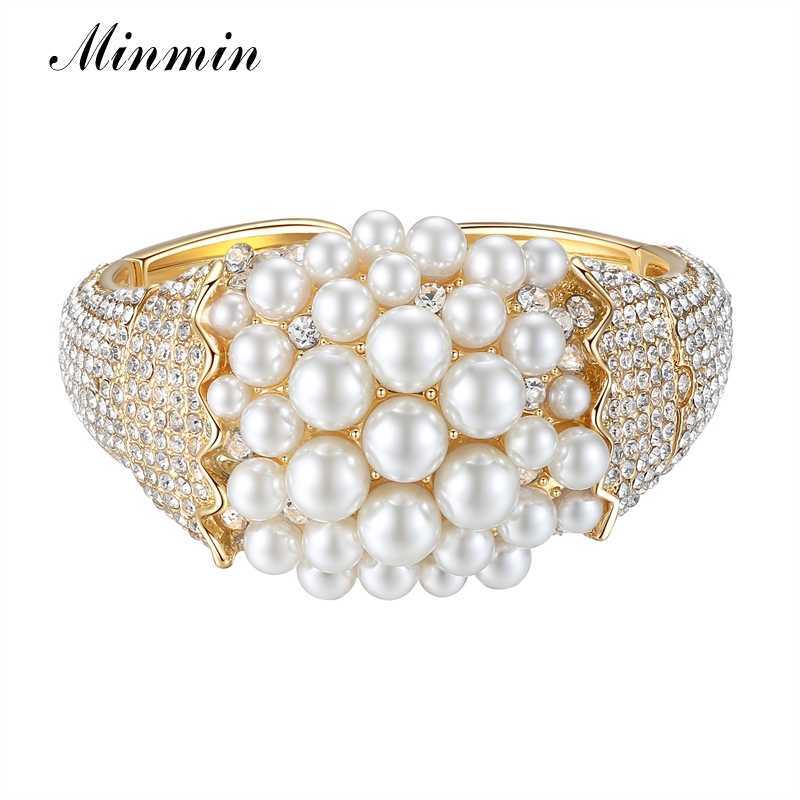 

Minmin Wide Gold Color Crystal Bangle Synthetic Pearl Bracelet Female Brides Charm Bracelet Adjustable Wedding Jewelry Msl324 Q0717