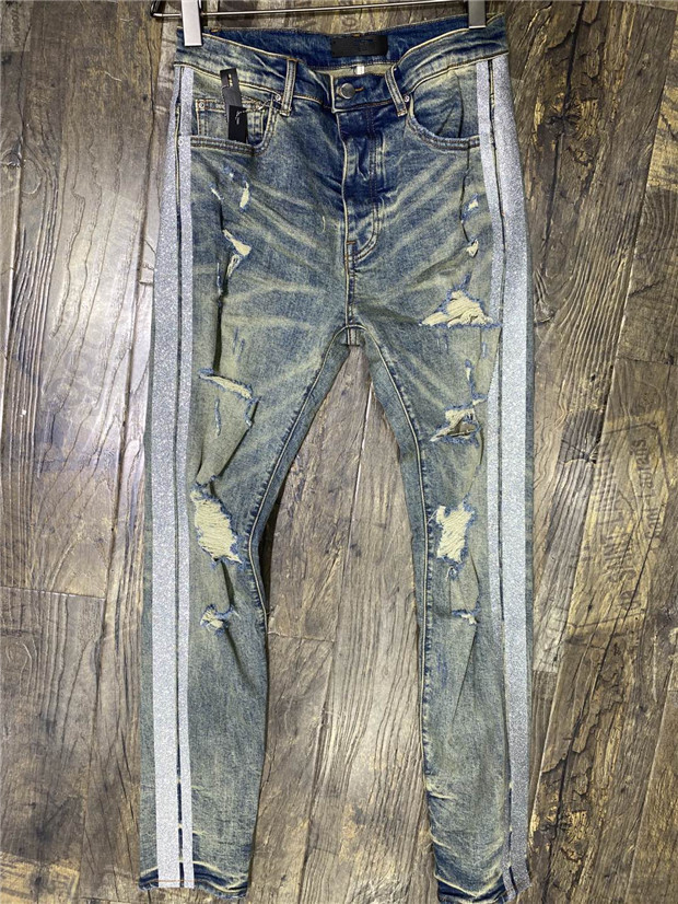 

Luxury Designer Mens Jeans Slim-leg Vintage Washed Holes Silver Stripe Denim Male Skinny Pants Classic Hip Hop Sold Trousers SIZE -40, Blue