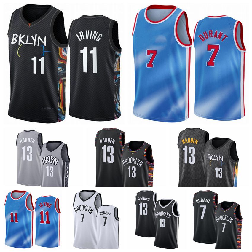 

Brooklyn Nets Men 13 Harden Kevin 7 Durant 11 Irving Basketball Jerseys 2021 City Jerseys edition Blue Black White Sleeveless Shirt, Black;red