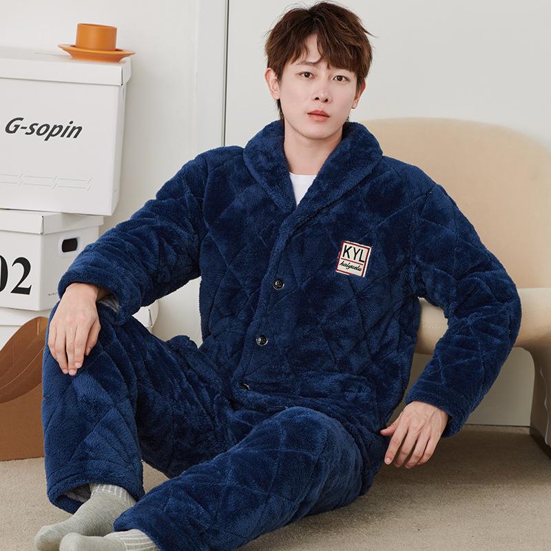 

Men's Sleepwear Autumn Winter Thick Warm Leisure Suit Flannel Three Layers Cotton Men Nightclothes Loose Casual Coral Velvet Pajamas Set, Black;brown