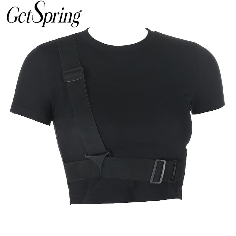 

GetSpring Women T Shirt Triangle Button Decoration Cotton Black Tee Female Short Tshirts Sleeve Slim Summer T-shirt 210601