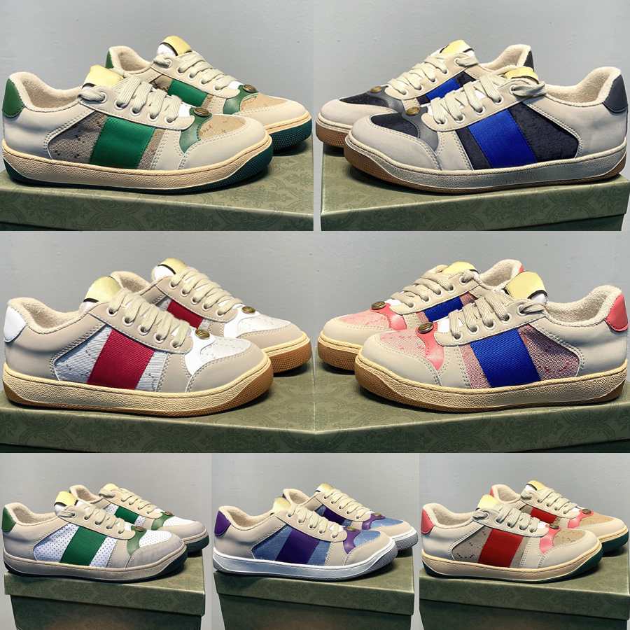 

Italy Men Women Screener Casual Shoes Dirty Leather Shoes Green Red Stripe Luxury Designers Canvas Classic Distressed Tennis Sneakers Size 35-44, Color 02