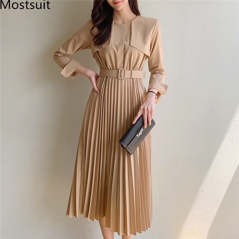 

Spring Korean Office Fashion Long Pleated Dress Women Sleeve O-neck Belted High Waist Elegant Dresses Vestidos 210518, Apricot