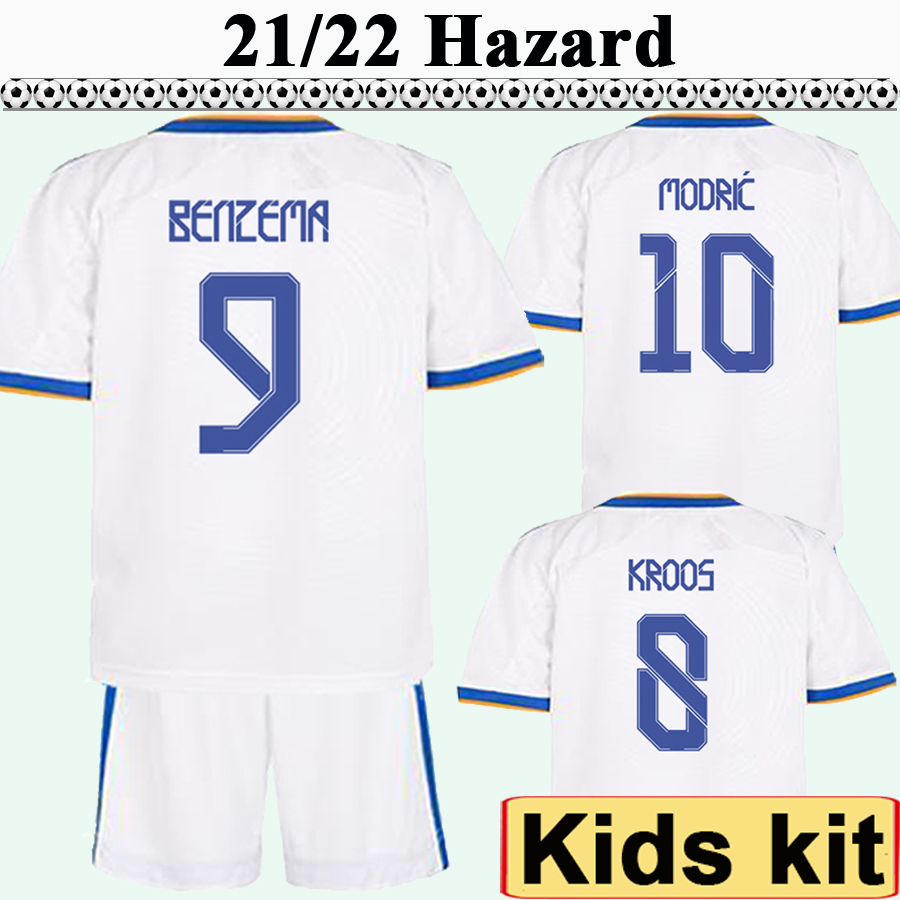 

21  HAZARD BENZEMA SERGIO RAMOS ISCO Kids Kit Soccer Jerseys MODRIC MARIANO KROOS ASENSIO Home Child Football Shirt Uniforms, Tz579 2021 away have socks