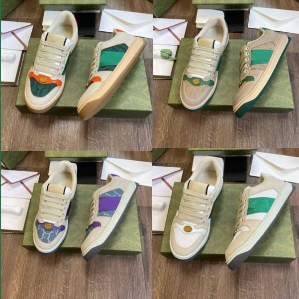 

Dirty Casual Shoes Distressed Screener Sneakers Classic Blue Red Stripe Rubber Shoe Low Top Leather Trainers Men Women Sneaker size35-45