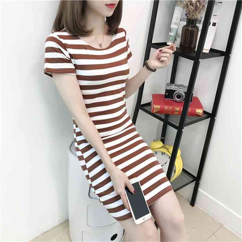 

WERUERUYU Contrast Neck And Cuff Striped Pencil Dress Colorblock Stretchy Spring Autumn Bodycon Women Dresses 210608, Beige