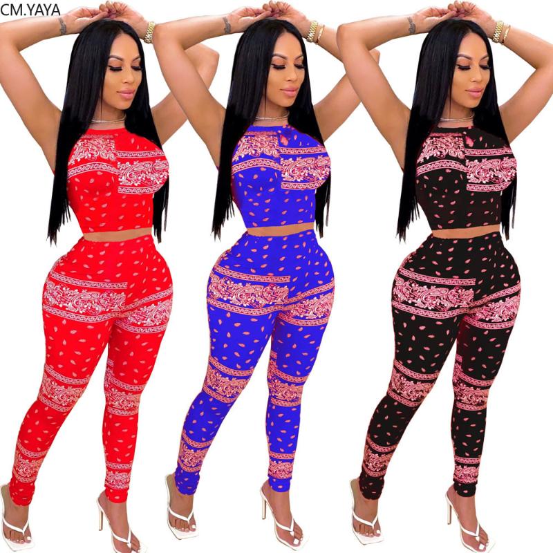 

CM.YAYA Summer Women Bandanna Two Pieces Sets Tracksuits Tank Tops Jogger Sweatpants Suit Sporty Fitness Night Club 2 Pcs Outfit Piece Dress, Red