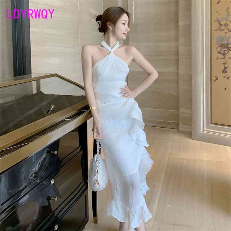 

LDYRWQY beach female holiday fan hanging neck flounce temperament dress waist show thin tail 210603, White