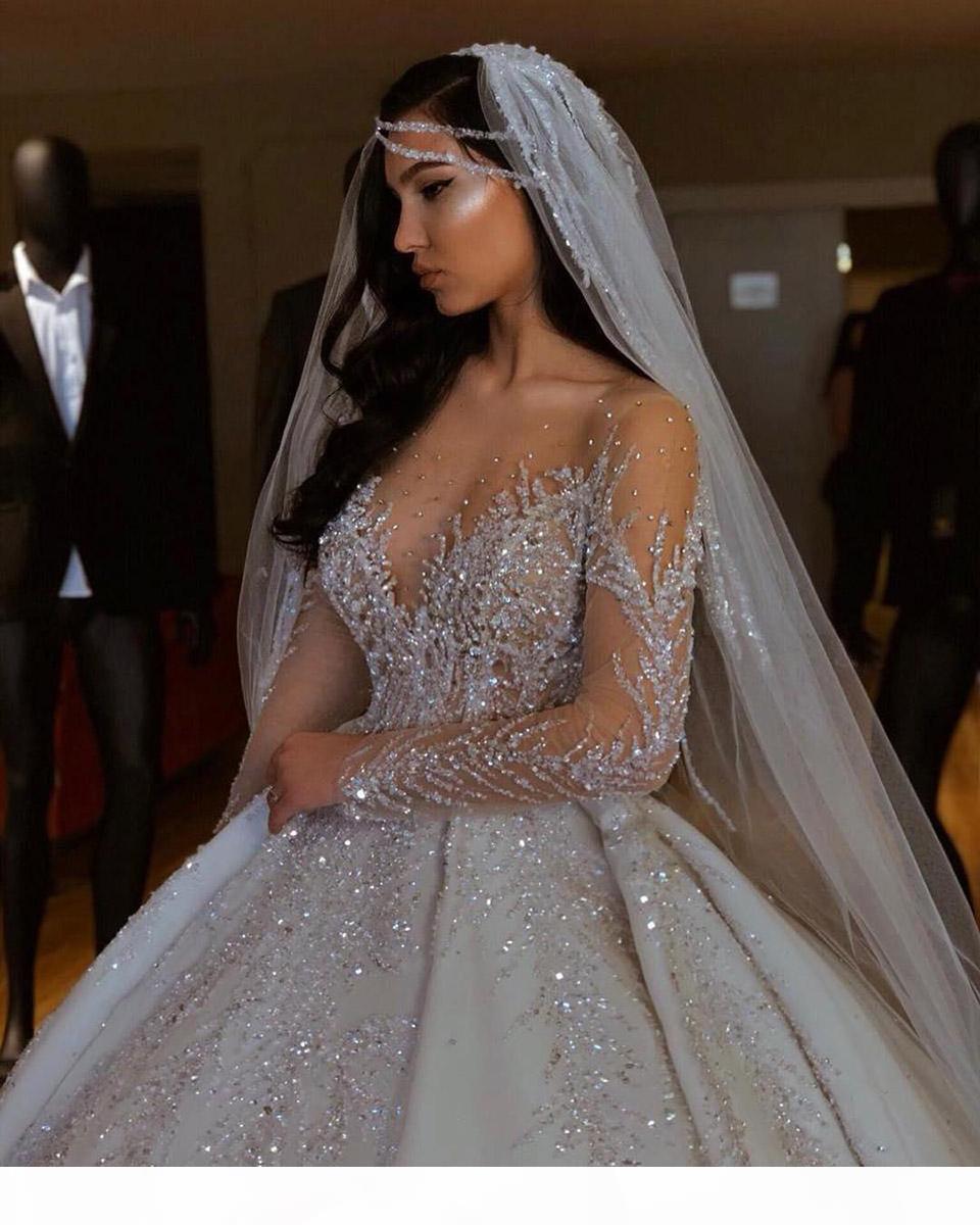 

Dubai Arabic Ball Gown Wedding Dresses Plus Size Sweetheart Backless Sweep Train Bridal Gowns Bling Luxury Beading Sequins Wed Dresses, Gold