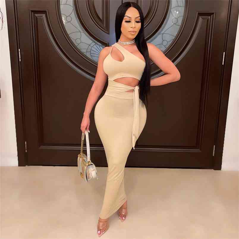 

Sexy Bandage 2 Piece Matching Set Summer Outfits for Women One Shoulder Irregular Crop Top Bodycon Maxi Skirt Beach Boho Suits 210508, Blue