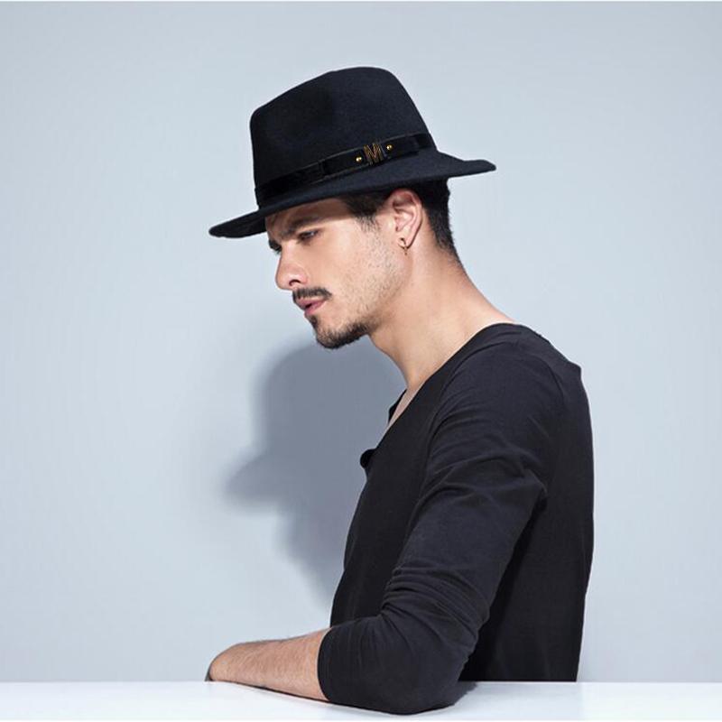

Stingy Brim Hats Wool Men's Maison Michel Chapeu Feminino Sun Hat For Gentleman Woolen Wide Jazz Cap Panama Fedora Top Sunhat 20, Black