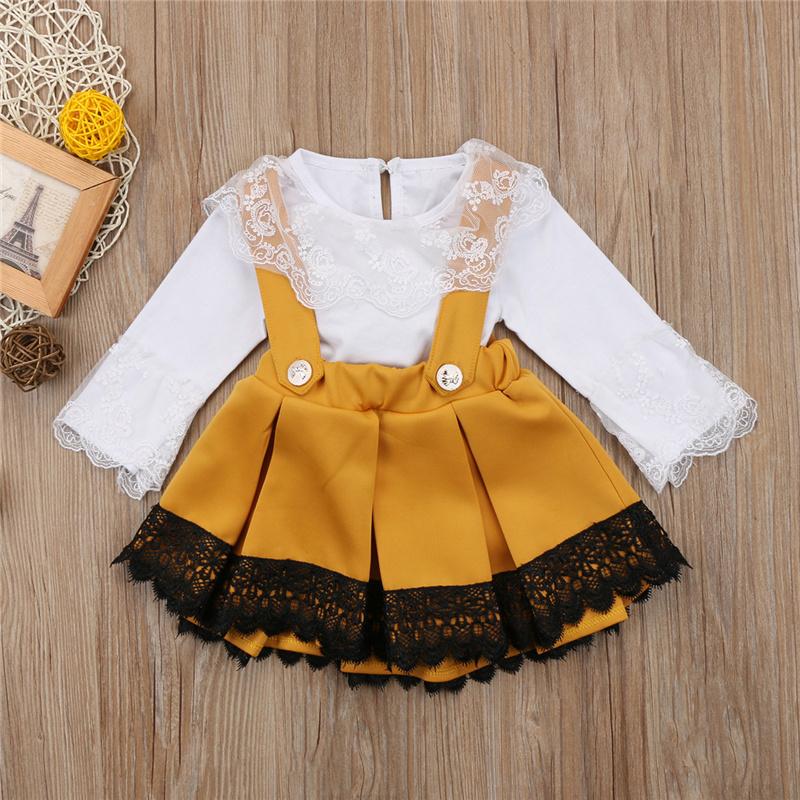 

Clothing Sets Born Baby Girls Sweet Casual Clothes Set, Long Sleeve O-Neck Ribbed Lace Button Romper, Patchwork Bow Suspender Short Skirt, White