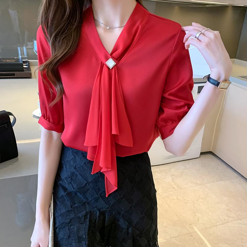 

Women' Blouses & Shirts Shirt Chiffon Sling Top Short-sleeved 2021 White V-neck