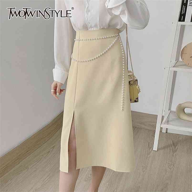 

Patchwork Pearl Skirt For Women High Waist Solid Side Split A Line Skirts Female Fashion Clothing Spring 210521, Yellow