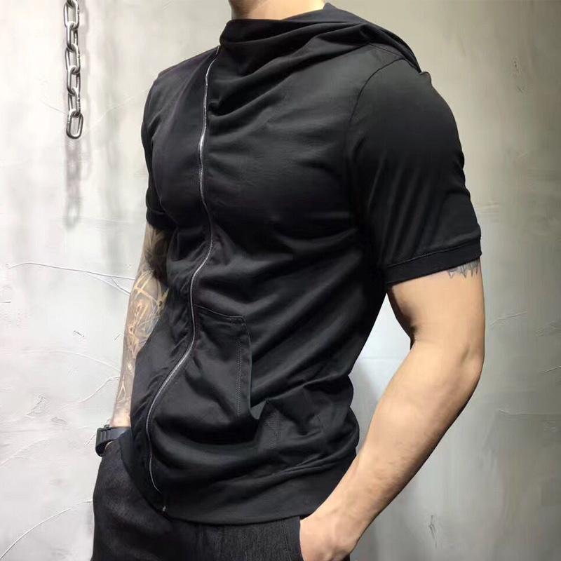 

Men's T-Shirts Summer Men Short Sleeve T-shirt Casual Punk Zipper Hooded Tops Male Street Black Hip Hop Streetwear Plus Size