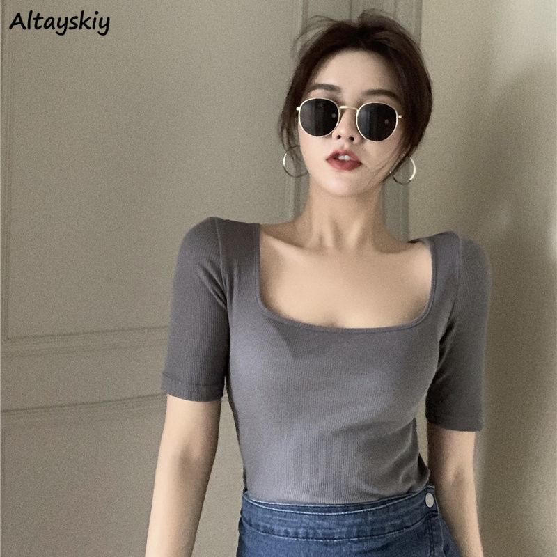 

Women' T-Shirt T-shirts Women Solid Color Sexy Simple Skinny Square Collar Knitting Thin Basic Inside Female Tops Soft Elegant Club Ins, Black