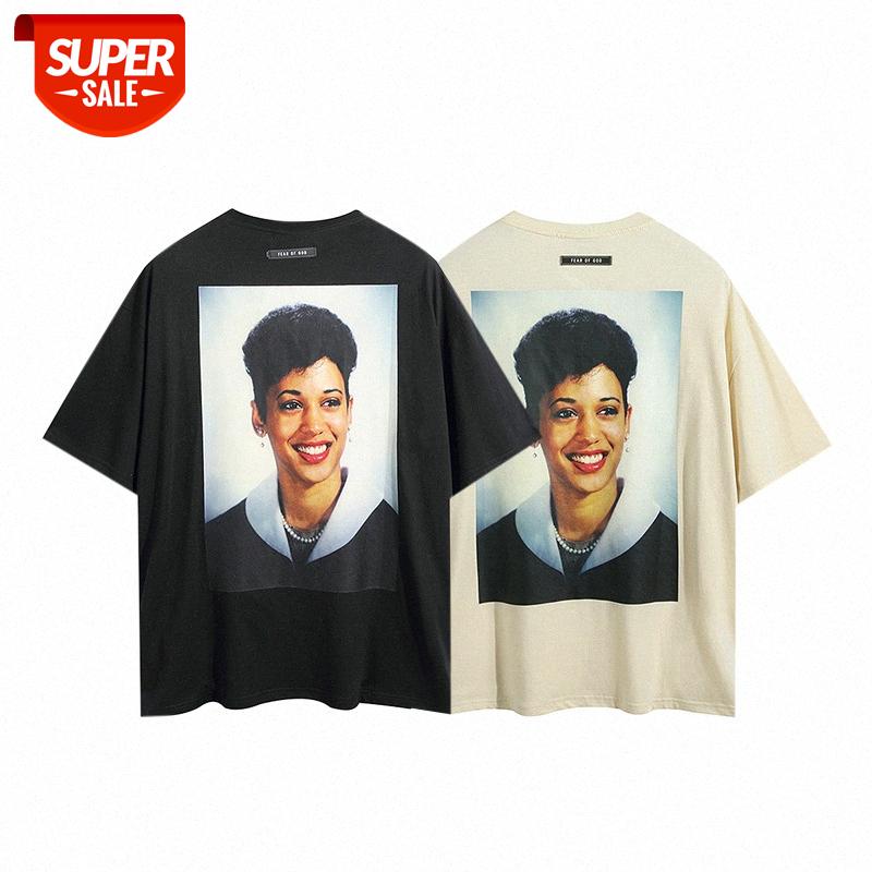 

FEAR OF GOD double line KH retro portrait photo printing short sleeve T-shirt FOG men and women couple loose #HU4X, White;black