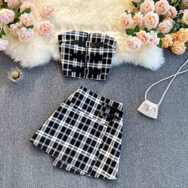 

Bar and nightclub suit sexy tube top halter plaid high waist irregular short skirt two-piece female trend 210525, Black