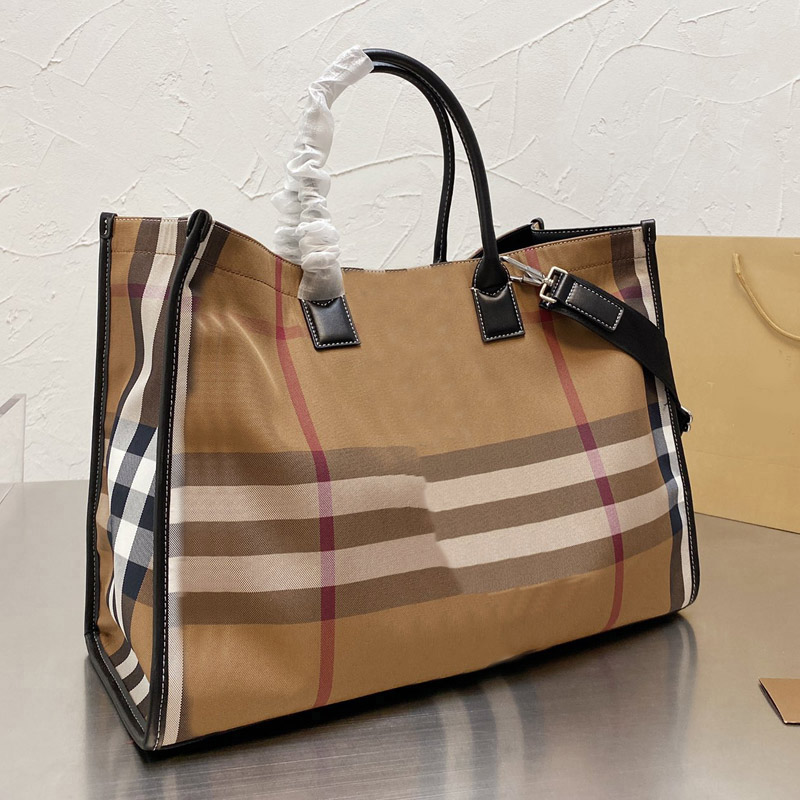 

Large Capacity Shopping Bag Handbag Crossbody Purse Fashion Canvas Letter Plaid Patchwork Check Tartan Removable Shoulder Strap Genuine Leather Tote, Brown