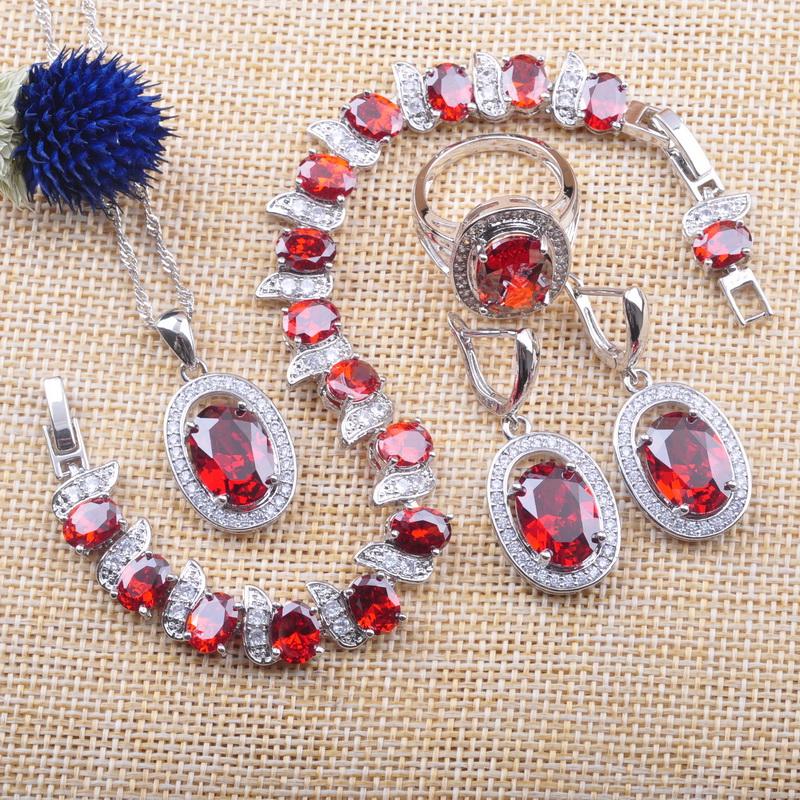 

Earrings & Necklace Red Garnet Women's Wedding Silver Color Zirconia Jewelry Set Bracelet Pendant Ring Russian Style YZ093