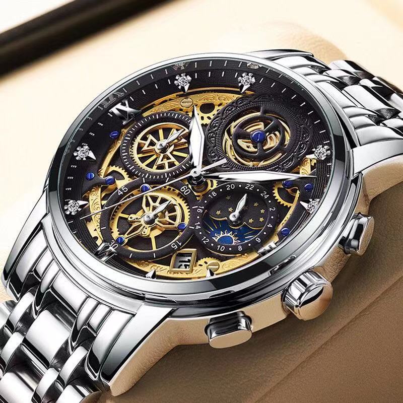 

2021 New Fashion Men's Watch Stainless Steel Top Brand Luxury Waterproof Sports Chronograph Quartz Hollow Carving, Slivery;brown