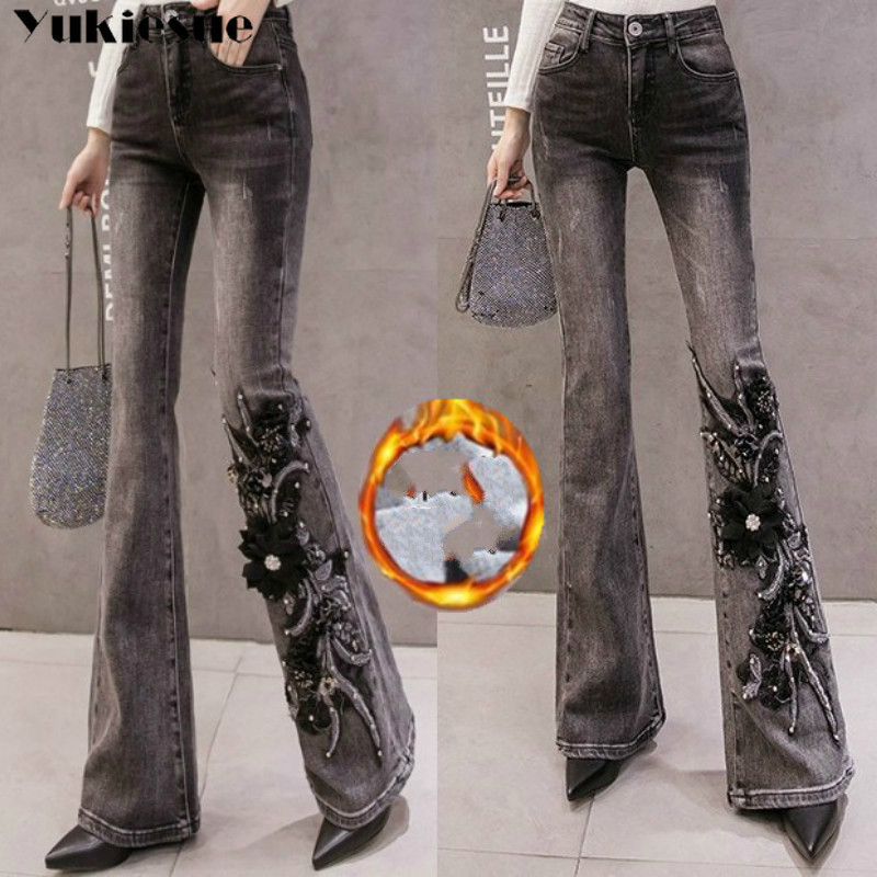 

High Waist Warm Jeans For Women Female Winter flare Jeans Women Denim Pants Jean Femme Ladies Trousers Warm Pants womens 210519, Black with velvet
