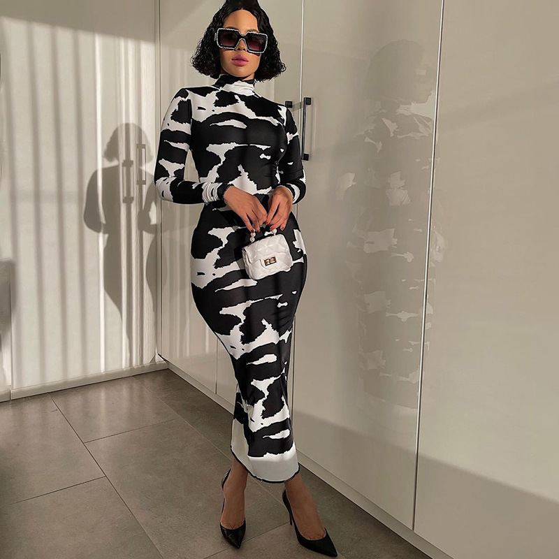 

Women's Long Sleeve Bodycon Long Pencil Dress Printed Streetwear Fall Clothing Wholesale 2021, Black;gray