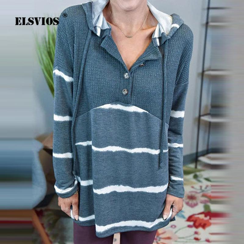 

Women's Hoodies & Sweatshirts Fashion Stripe Print V Neck Hooded Sweatshirt Lady Loose Casual Drawstring Button Tops Autumn Long Sleeve Wome, Black