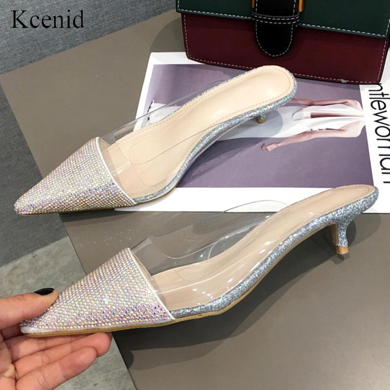 

Slippers Kcenid 2021 Summer PVC Closed Shoes Womens Rhinestone Slides Mules Women Bling Glitter Low Heel Silver Party, Black