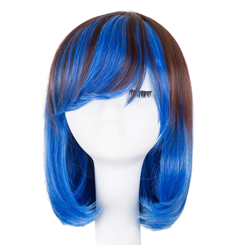 Costume Accessories Blue and Brown Wig Fei-Show Synthetic Hair Heat Resistant Inclined Bangs Short Wavy Wigs Women Hairpiece Student Bob Hai-image-751016509