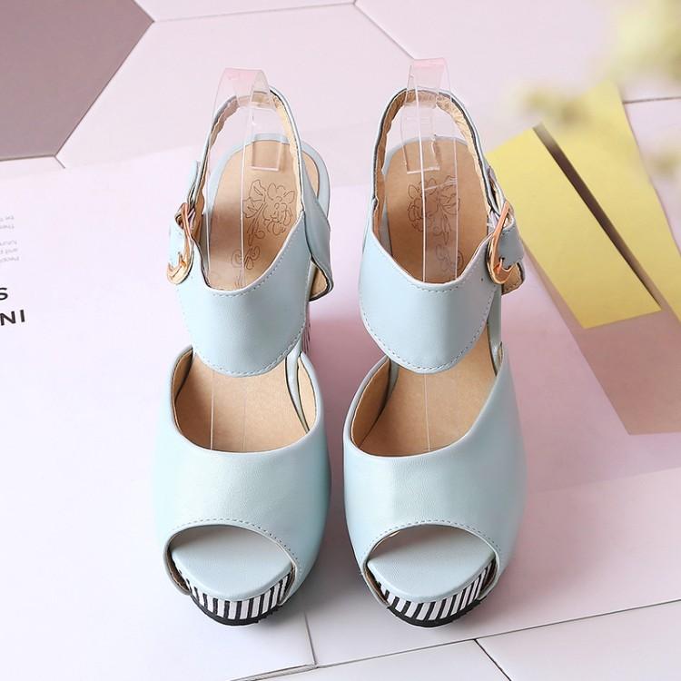 

Big Size 9 10 11-14 Wedges Shoes For Women Sandals Woman Ladies Summer Striped Button Fish Mouth Leather Buckle, Black
