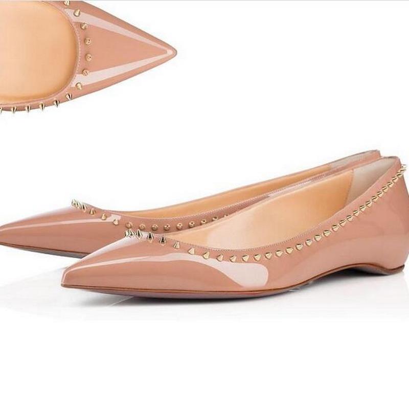 

Hot Sales Women Flat Shoes,Beige Shiny Leather Red Bottom Pointy Toes,Sexy Rivets Matte Shiny Black Casual Flat Heel Lady Shoes Size 34-42, 20#