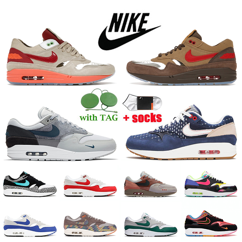 

Top Quality 2021 Nike Air Max 1 Mens Running Shoes Clot Kiss of Death Women Sneakers London Amsterdam Denham N7 Taupe Haze Evergreen Aura Trainers OG Anniversary, A23 black white 36-45