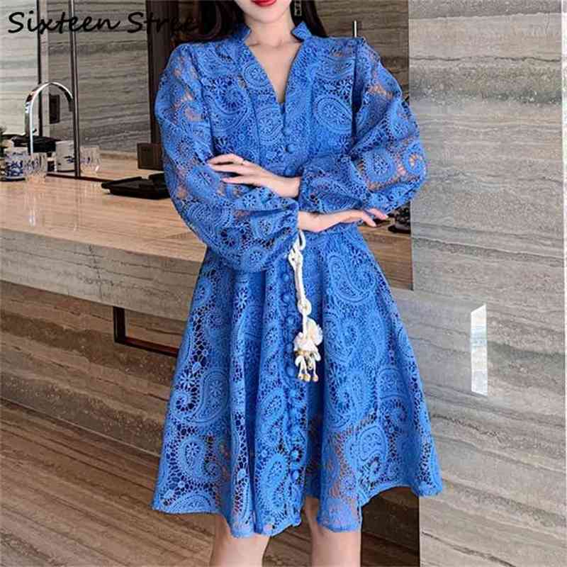 

Lady Blue Lace Lantern Sleeve Dress Female V-neck Single-breasted Runway Vintage Bodycon Casual Woman's Belt Autumn Spring 210603, Sapphire
