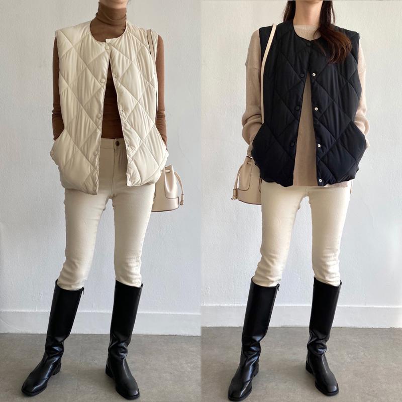 

Women's Vests China 13 Row Autumn And Winter All-match Round Collar Linger Warm Cotton Vest Single Breasted Loose Coat Top Women, Black;white