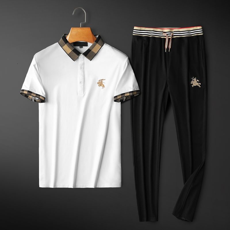 

D322-21689-p200 mercerized cotton sport casual Lapel short sleeve suit men's trousers white clothes black pants, White;black