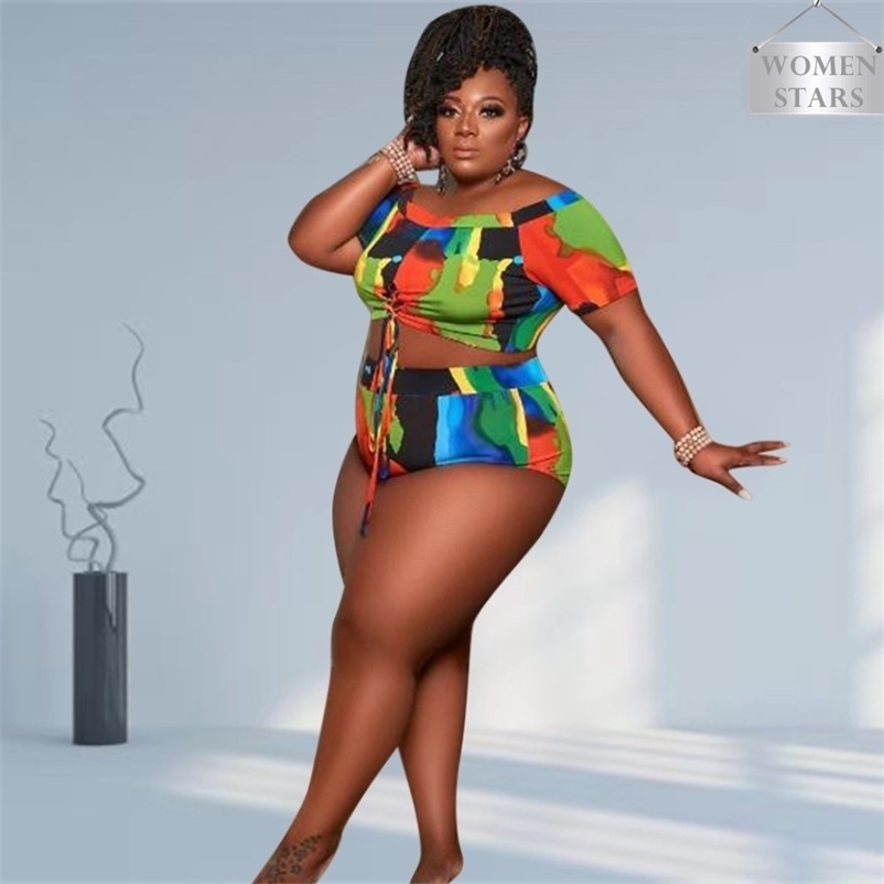 

Plus Size Two Piece Set Women Wholesale Shorts s Crop Top and Short Leggings Beach Outfits Matching Drop 211106, Blue green