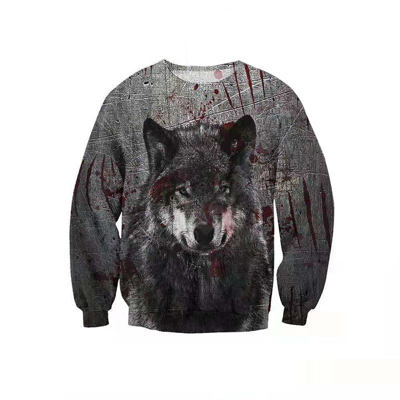 

Gray wolf pattern men's 3D printed hoodie visual impact party top punk gothic round neck high quality sweater hoodie, Black