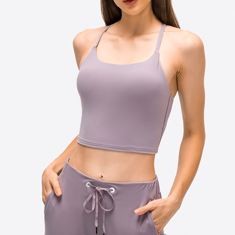

L113 Womens Y shape Thin Straps Sports Bra Training Outfit Vest Fitness Tank Sexy Underwear With Removable Chest Pad Lady Half Sling Yoga Tops, Peach blush