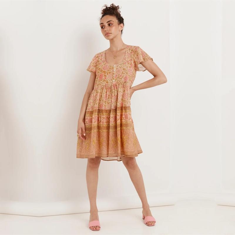 

Vintage Cotton Baby-doll Style Short Sleeve Boho Dress V-neck Tassle Summer Flutter Hem Bohemian For Eomen A901 Women' Swimwear, Multi