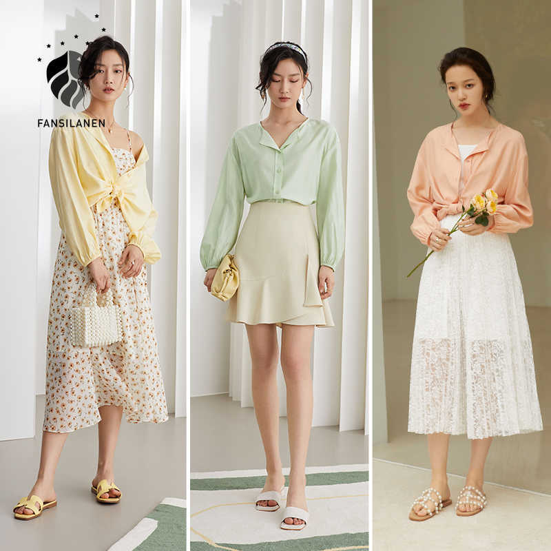 

FANSILANEN Office Lady Casual Pink Green Yellow Shirt Female Summer Thin Sunscreen Long Sleeve V-neck Tops 210607