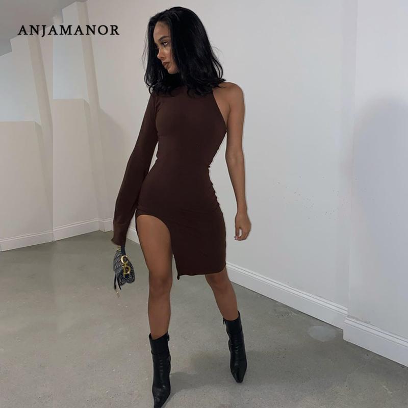 

Asymmetric One Sleeve Split Bodycon Dress For Women Clothes Summer 2021 Sexy Clubwear Hollow Mini Dresses D27-AC04 Casual, Black