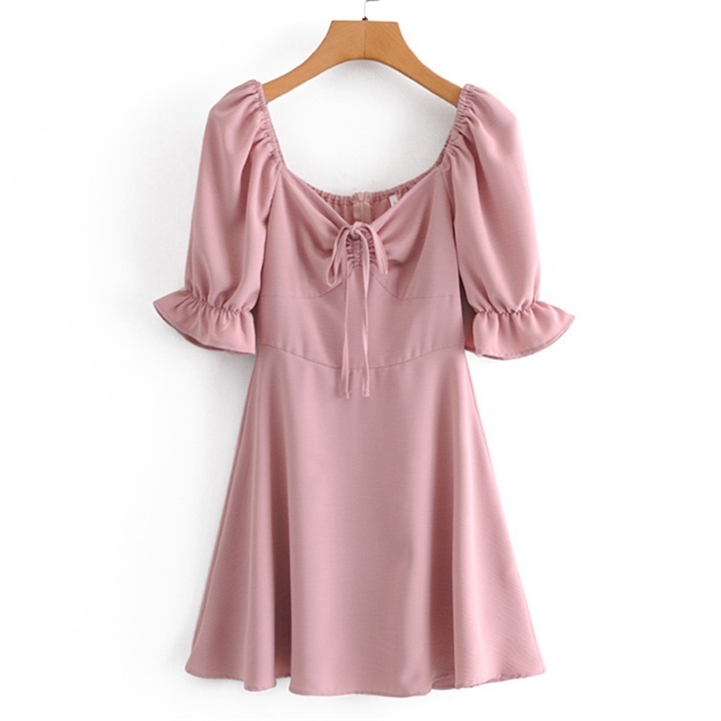 

Summer 100% Polyester Lantern Sleeves Loose Slash Neck Pink Solid Shirring Casual Women Knee-length Dress 210524