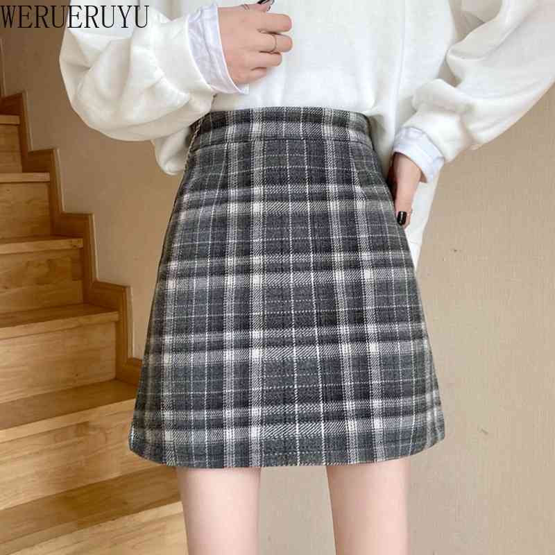 

WERUERUYU Women' Autumn And Winter Harajuku Thickened Woolen Plaid Retro Skirt Female Cute Japanese Skirts For Women 210608, Photo color